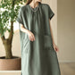 Women Summer Casual Solid Pocket O-Neck Linen Dress