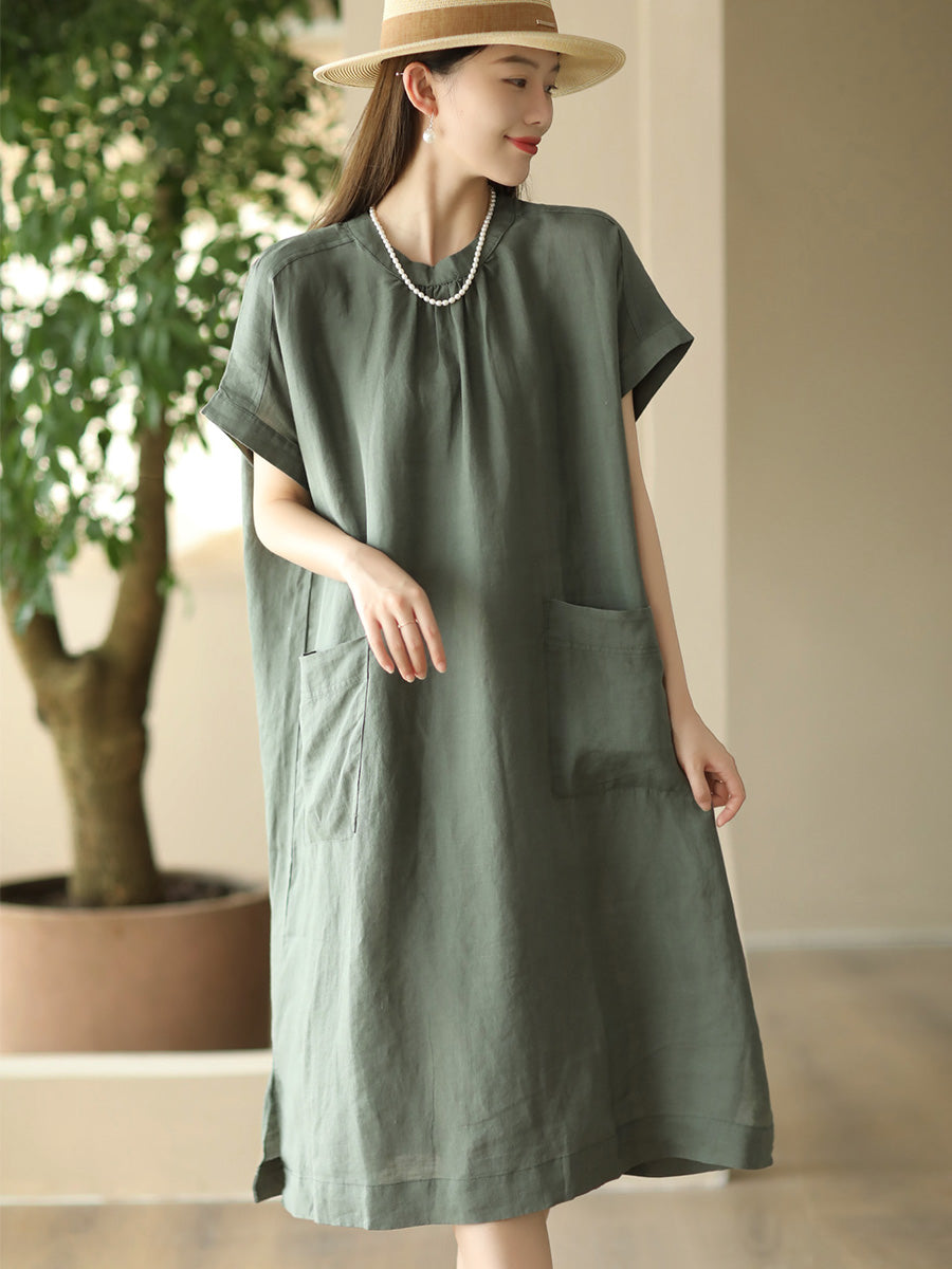 Women Summer Casual Solid Pocket O-Neck Linen Dress