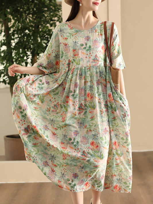 Women Summer Artsy Floral O-Neck Linen Loose Dress