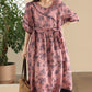 Women Summer Vintage Flower Spliced Strap Ramie Dress