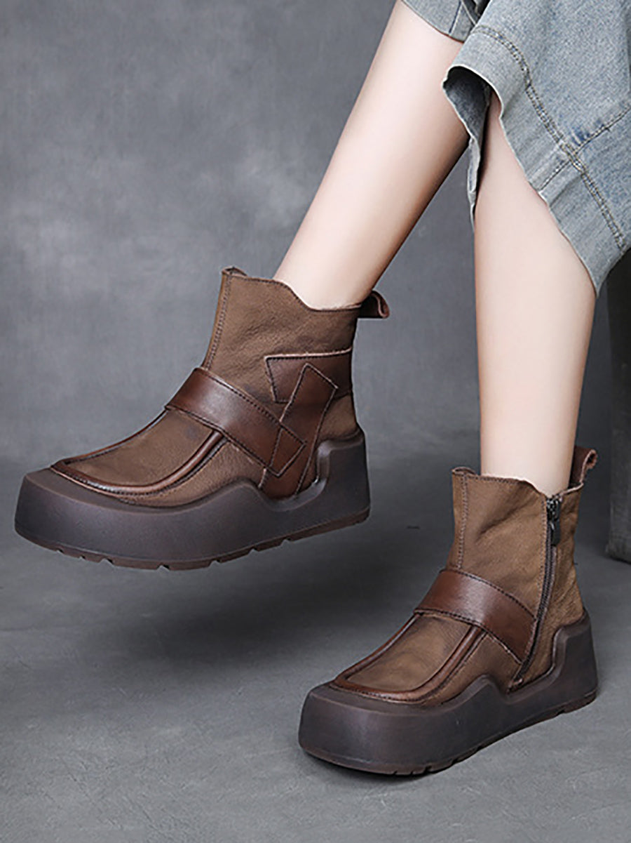 Women Vintage Genuine Leather Spliced Platform Boots