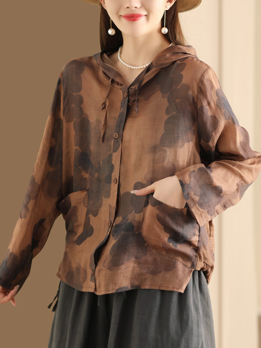 Women Spring Artsy Flower Button-Up Hooded Shirt