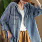 Women Casual Solid Autumn Pocket Denim Hooded Coat