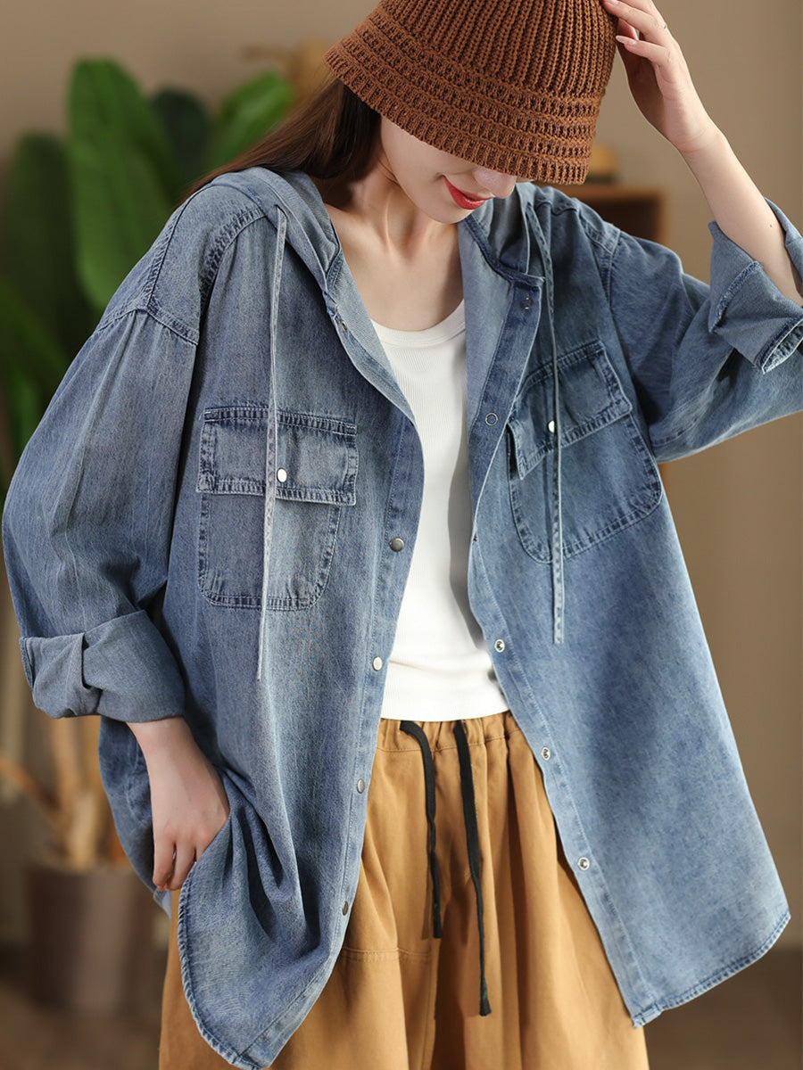 Women Casual Solid Autumn Pocket Denim Hooded Coat