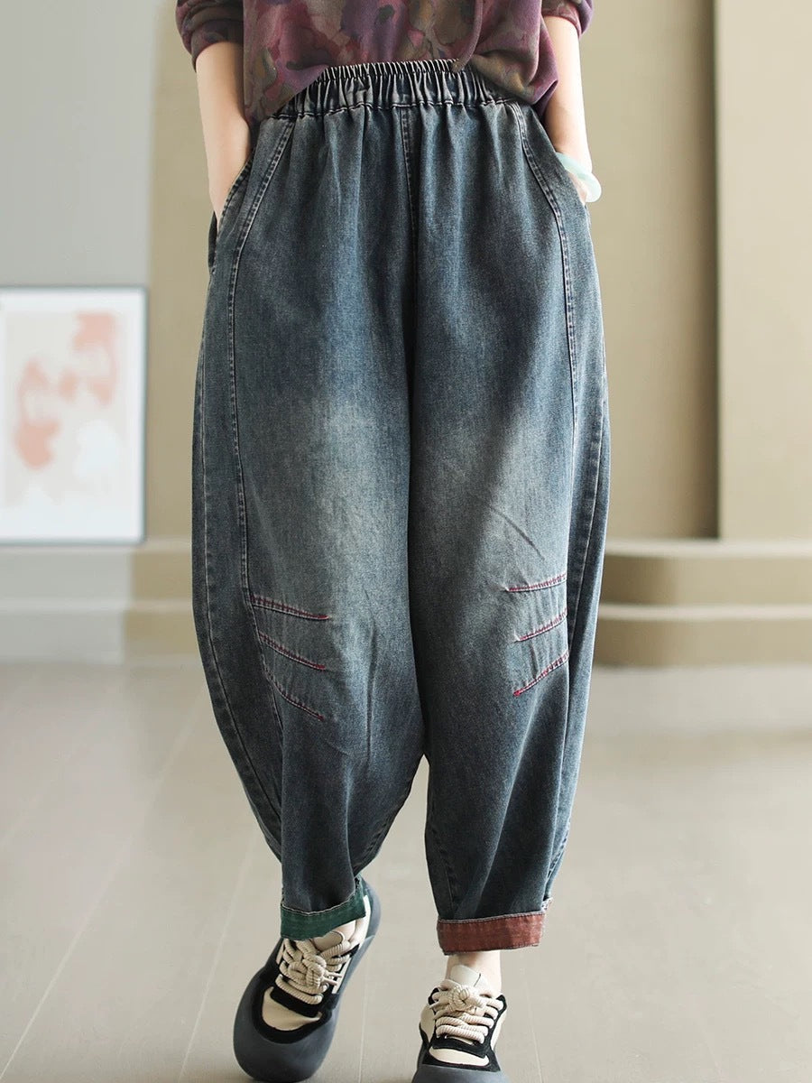 Women Autumn Artsy Spliced Denim Harem Pants