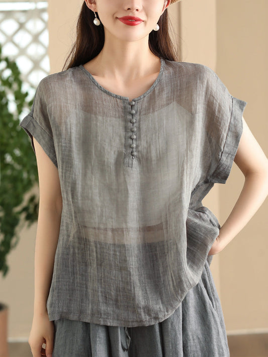 Women Summer Casual Solid Button O-Neck Ramie Shirt