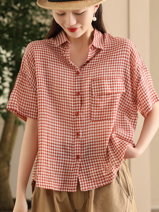 Women Summer Casual Plaid Button-up Turn-down Collar Shirt