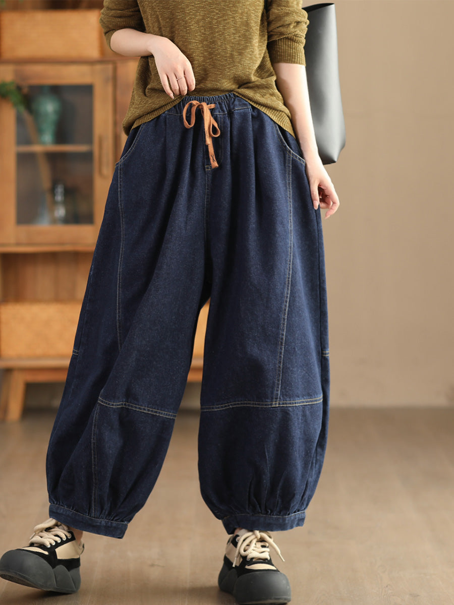 Women Autumn Retro Spliced Solid Loose Denim Bloomers