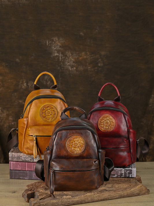 Women Vintage Worn Leather Embossment Backpack