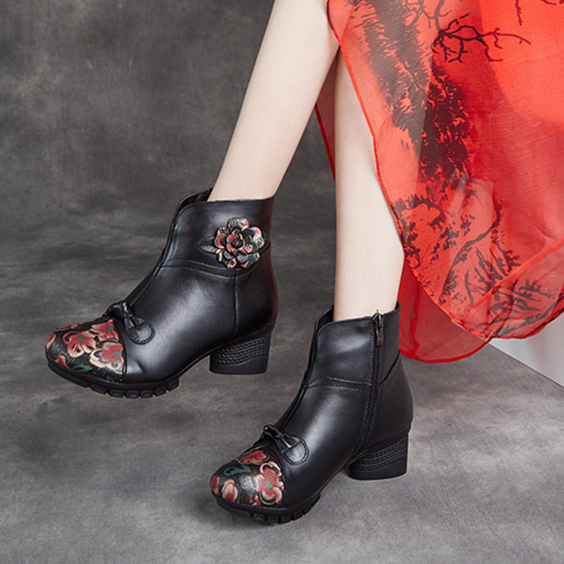 Women Ethnic Autumn Flower Spliced Leather Mid-Heel Boots