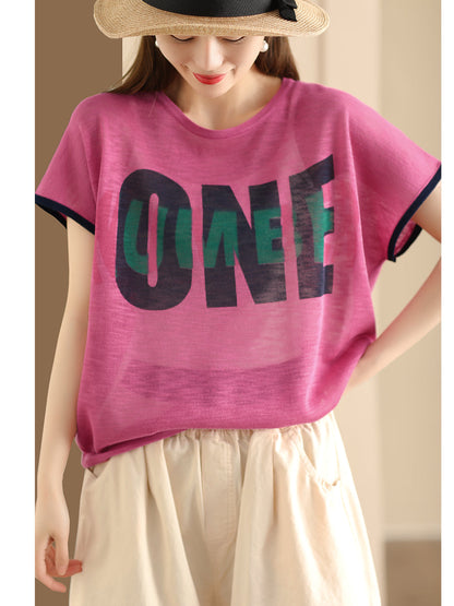 Women Summer Letter Printing Knitted Loose Shirt