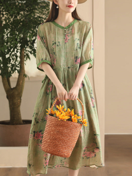 Women Summer Vintage Floral Strap Ramie Dress