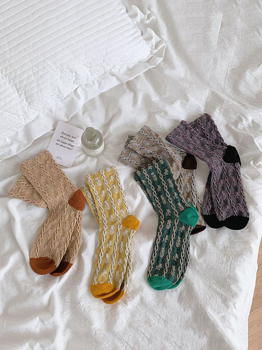 5 Pairs Women Vintage Cotton Jacquard Colorblock Socks