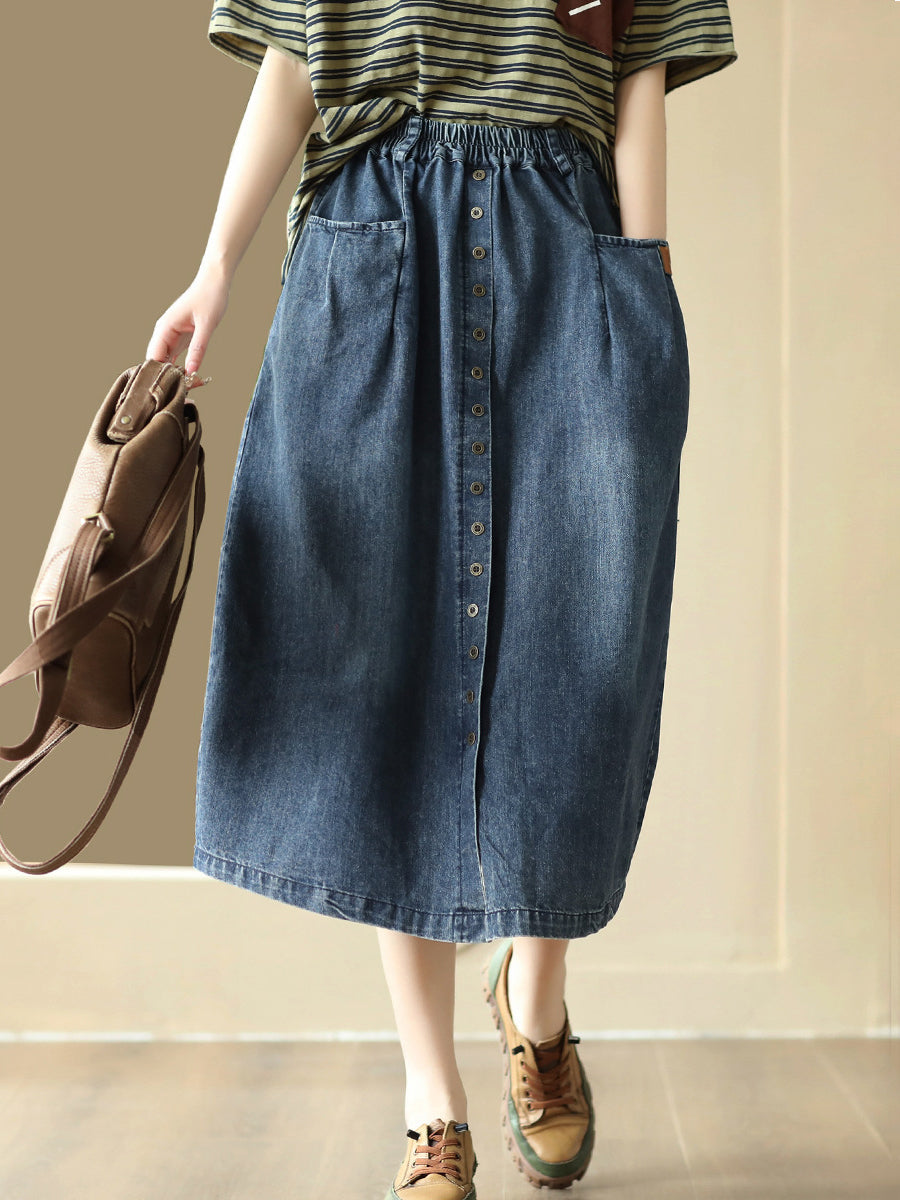 Women Casual Pocket Button Loose Sold Denim Skirt