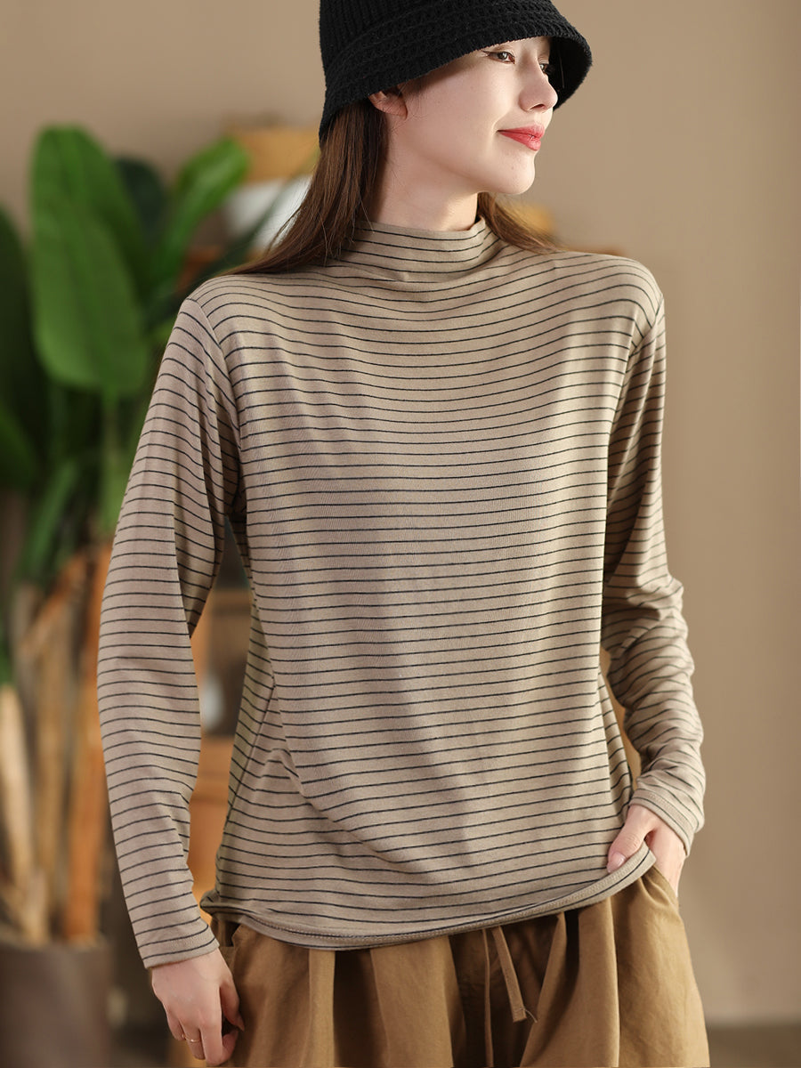 Women Autumn Casual Stripe Half Turtleneck Blouse