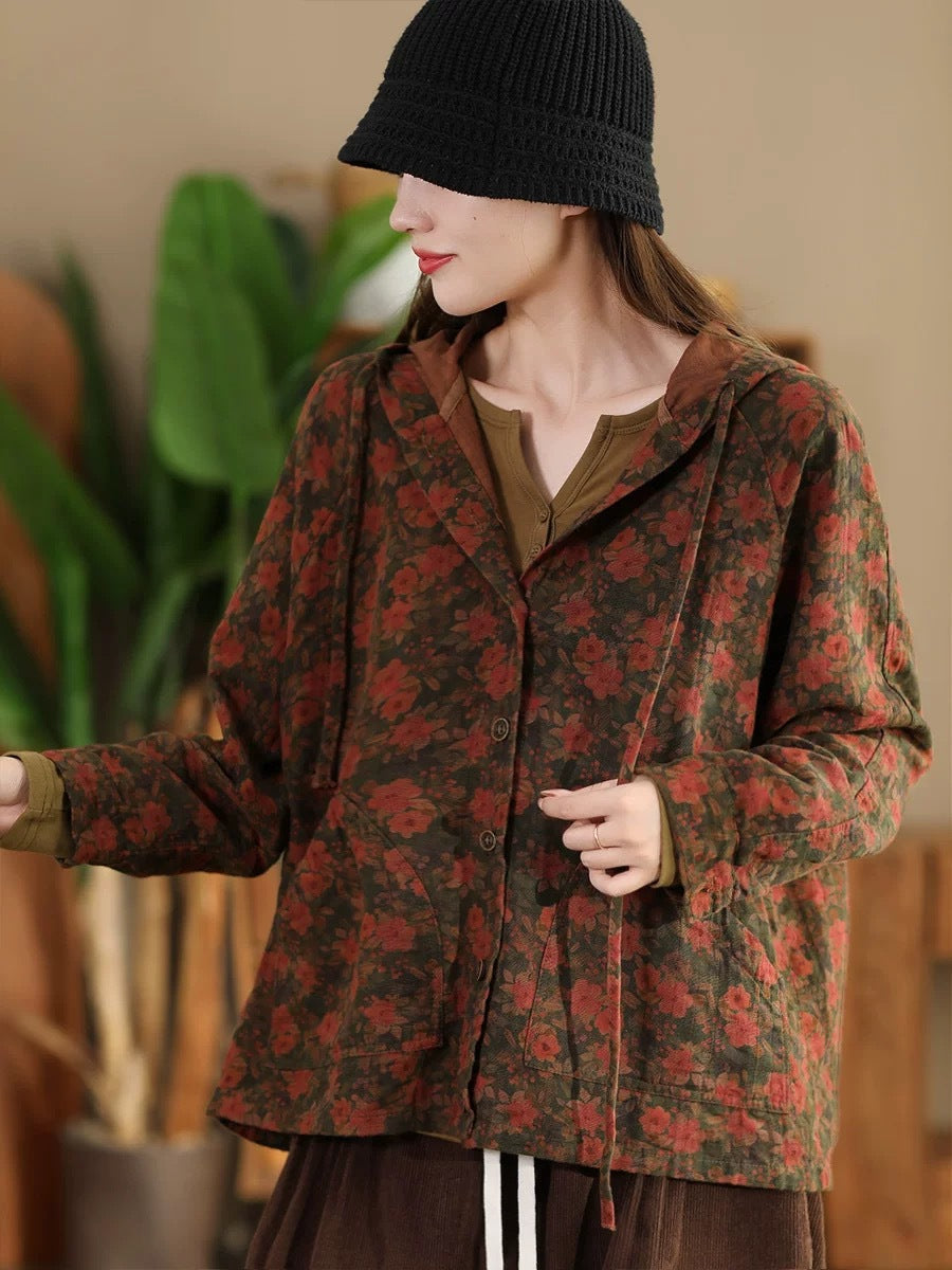 Women Vintage Autumn Flower Button Cotton Linen Hooded Coat