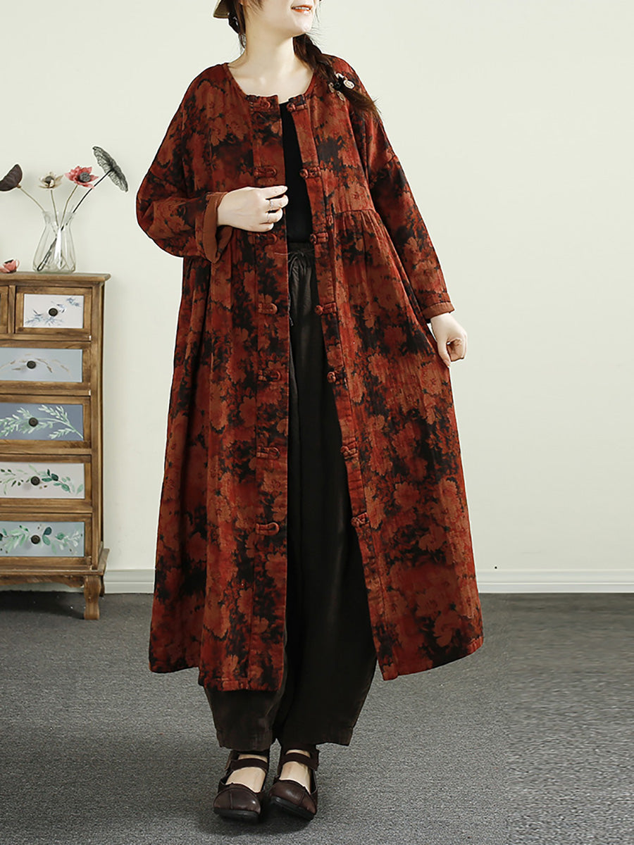 Women Ethnic Flower Button Linen Shirt Coat