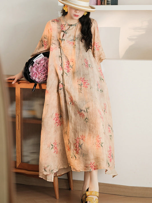 Women Summer Ethnic Floral Buckle Spliced Ramie Dress