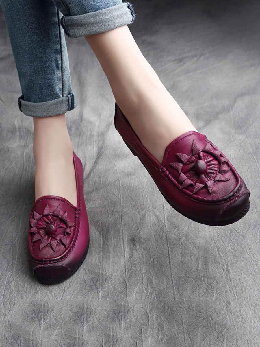 Women Vintage Flower Genuine Leather Low Heel Shoes