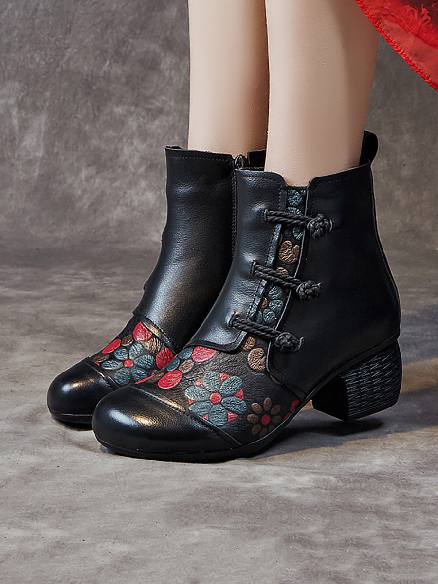 Women Ethnic Flower Leather Spliced Low Heel Boots