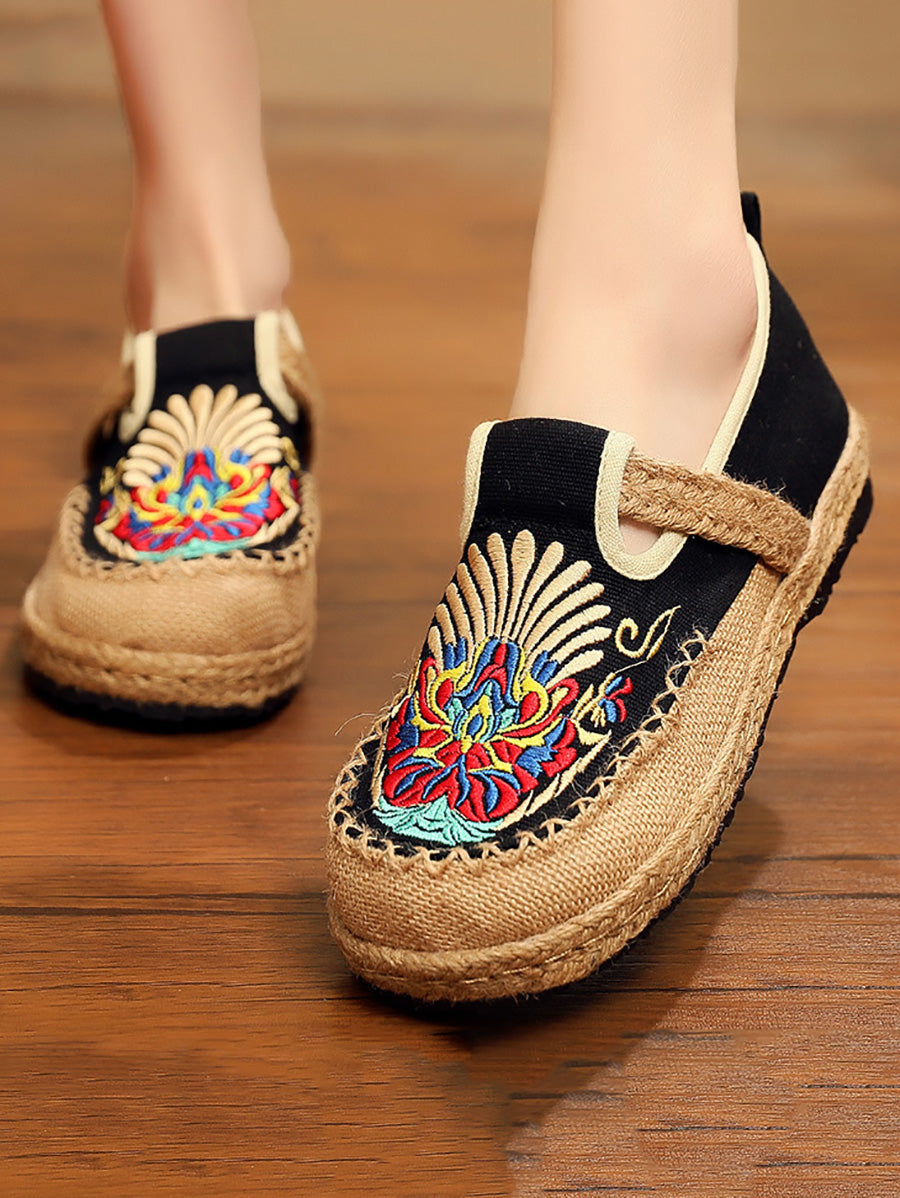 Women Summer Ethnic Embroidery Cloth Linen Flat Shoes