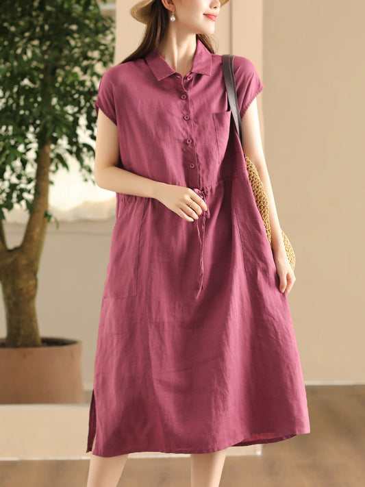 Women Summer Casual Solid Botton 100%Linen Loose Dress