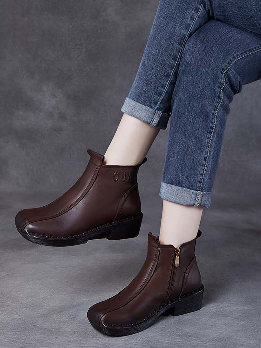 Women Autumn Genuine Leather Spliced Mid-Heel Boots