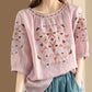 Women Summer Vintage Embroidery O-Neck Ramie Shirt