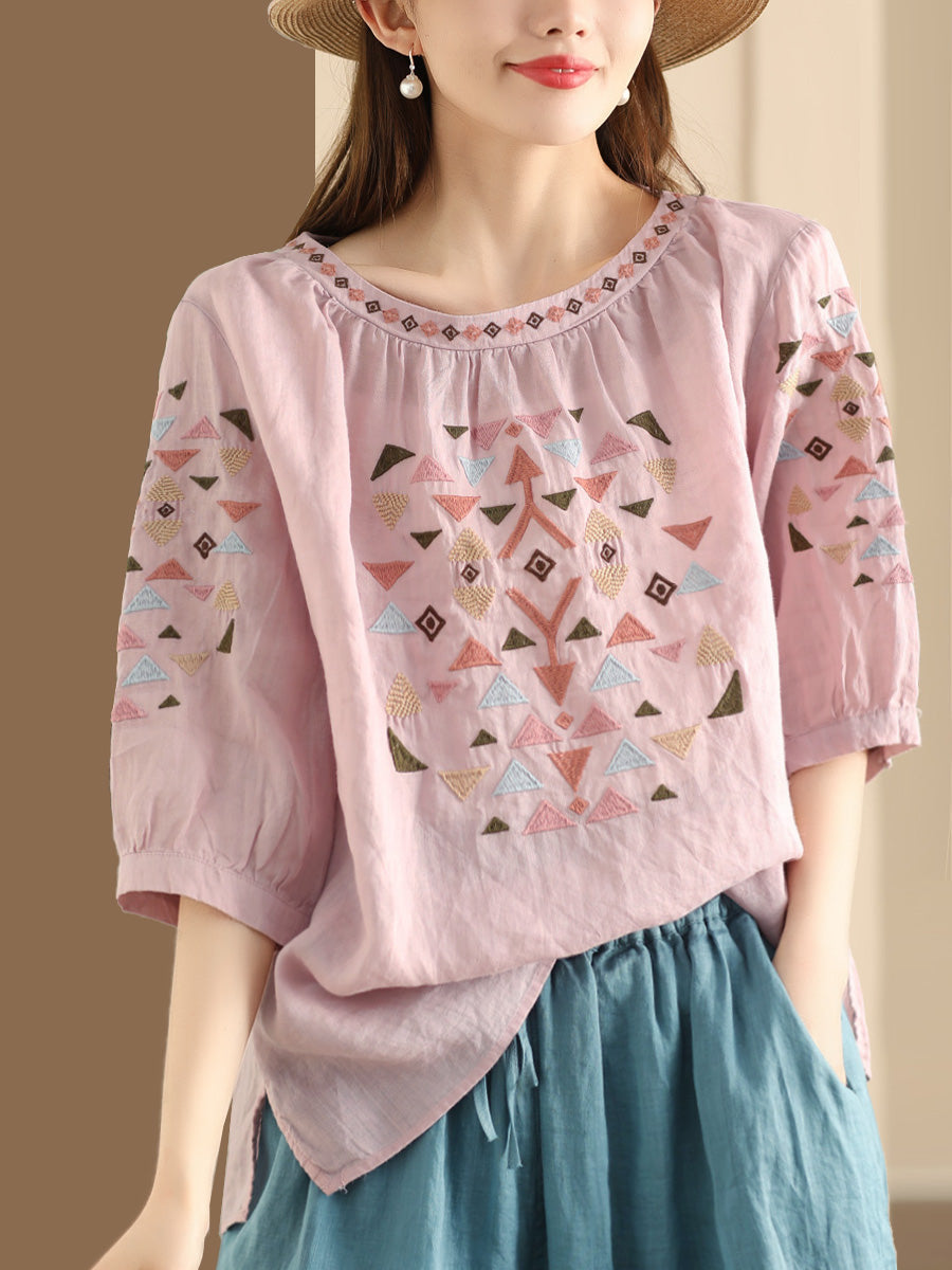 Women Summer Vintage Embroidery O-Neck Ramie Shirt