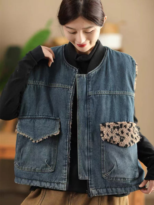 Women Autumn Retro Leopard O-Neck Dual-side Wearing Vest