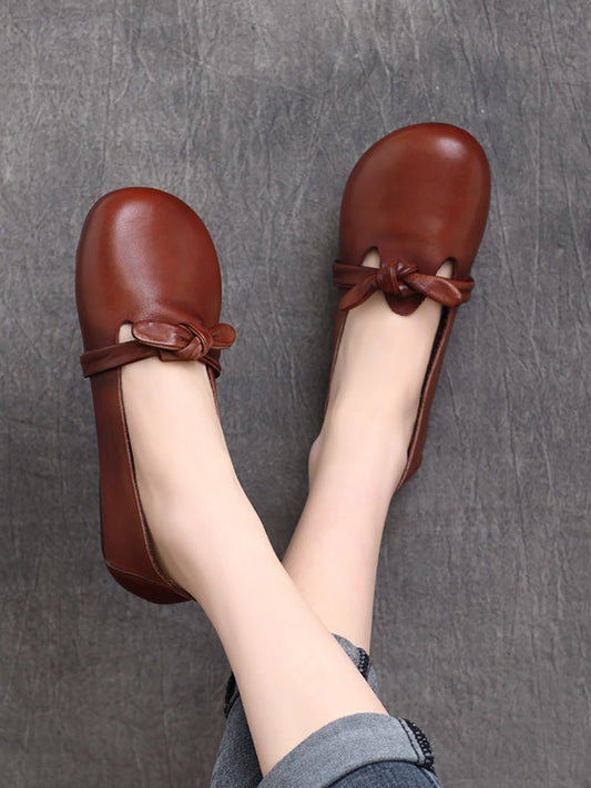 Women Summer Ethnic Solid Bowknot Leather Flat Shoes