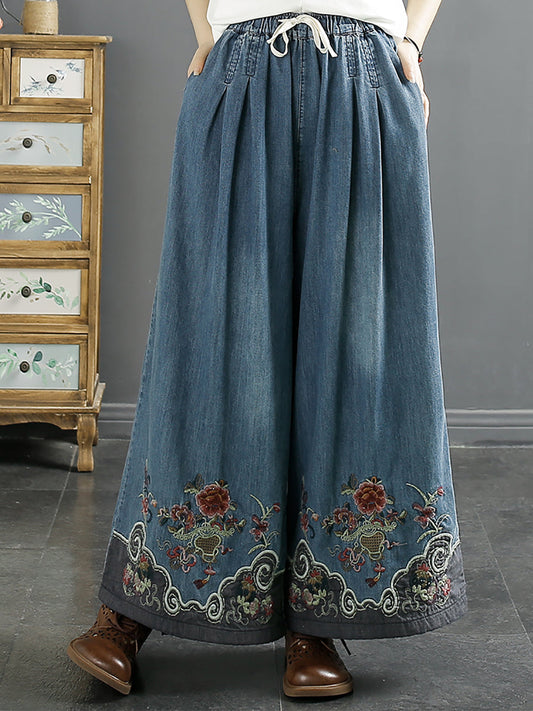 Women Summer Ethnic Embroidery Denim Wide-leg Pants