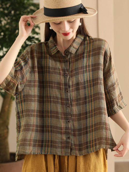 Women Vintage Summer Plaid Button-up Linen Shirt