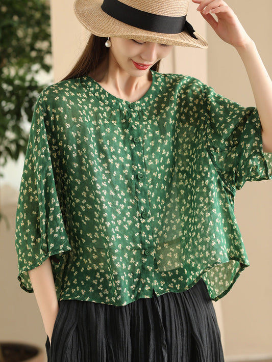 Women Summer Artsy Floral O-Neck Thin Shirt