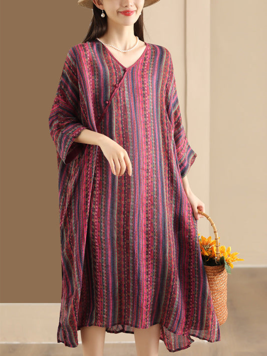 Women Summer Vintage Colorful Stripe V-Neck Ramie Dress