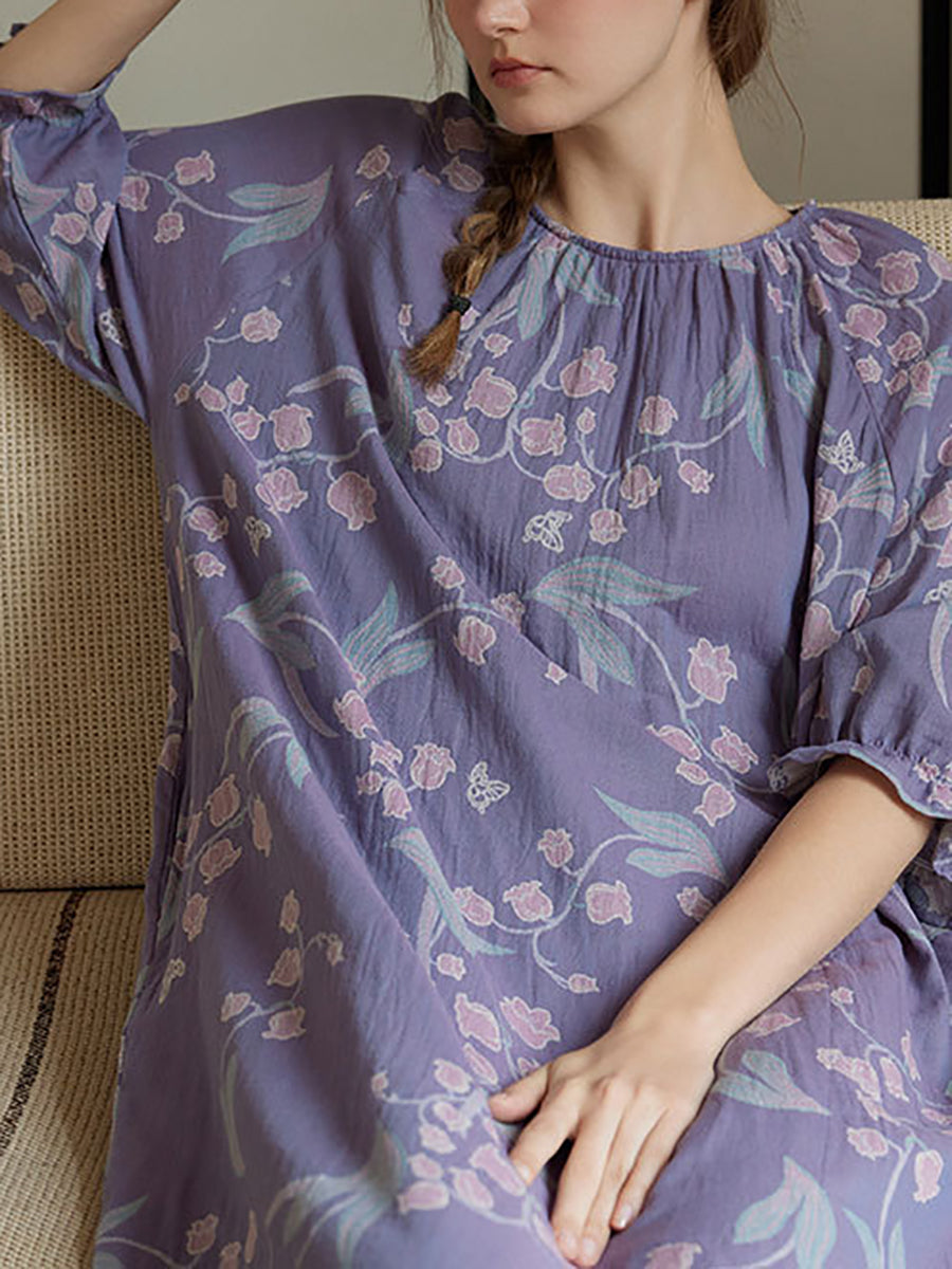 Women Artsy Spring Floral Cotton Loose Dress