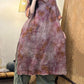 Women Summer Vintage Tie-dye V-Neck Spliced Linen Dress