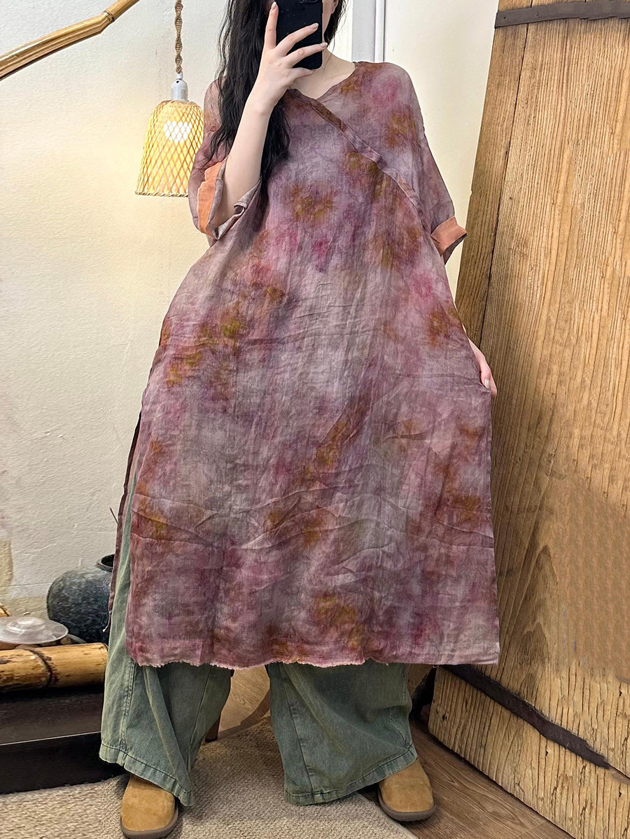 Women Summer Vintage Tie-dye V-Neck Spliced Linen Dress