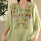 Women Summer Vintage Flower Embroidery Lace Ramie Shirt