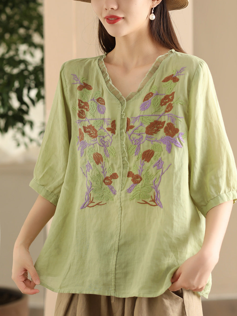 Women Summer Vintage Flower Embroidery Lace Ramie Shirt