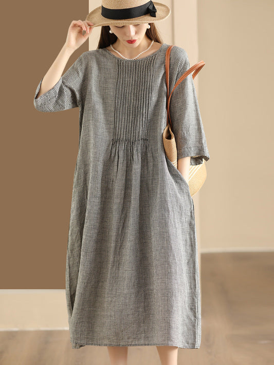 Women Summer Vintage Lattice Shirred O-Neck Ramie Dress