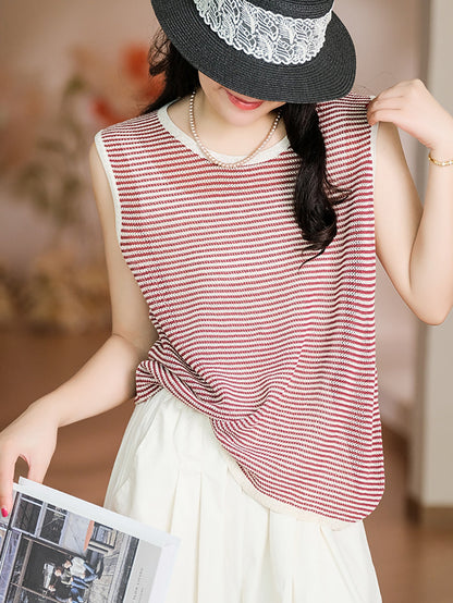 Women Summer Casual Stripe Linen O-Neck Vest