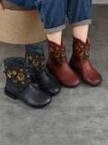 Women Vintage Flower Embroidery Leather Low Heel Boots