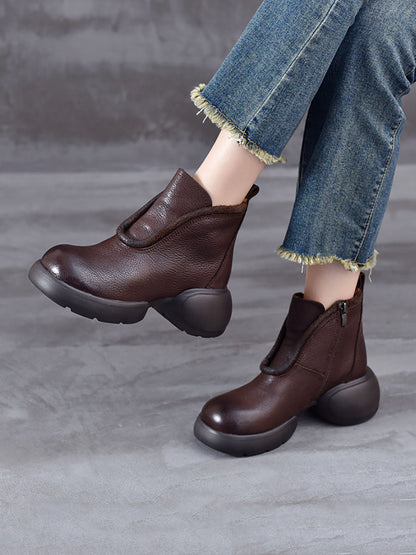 Women Winter Casual Solid Leather Zipper Platform Boots