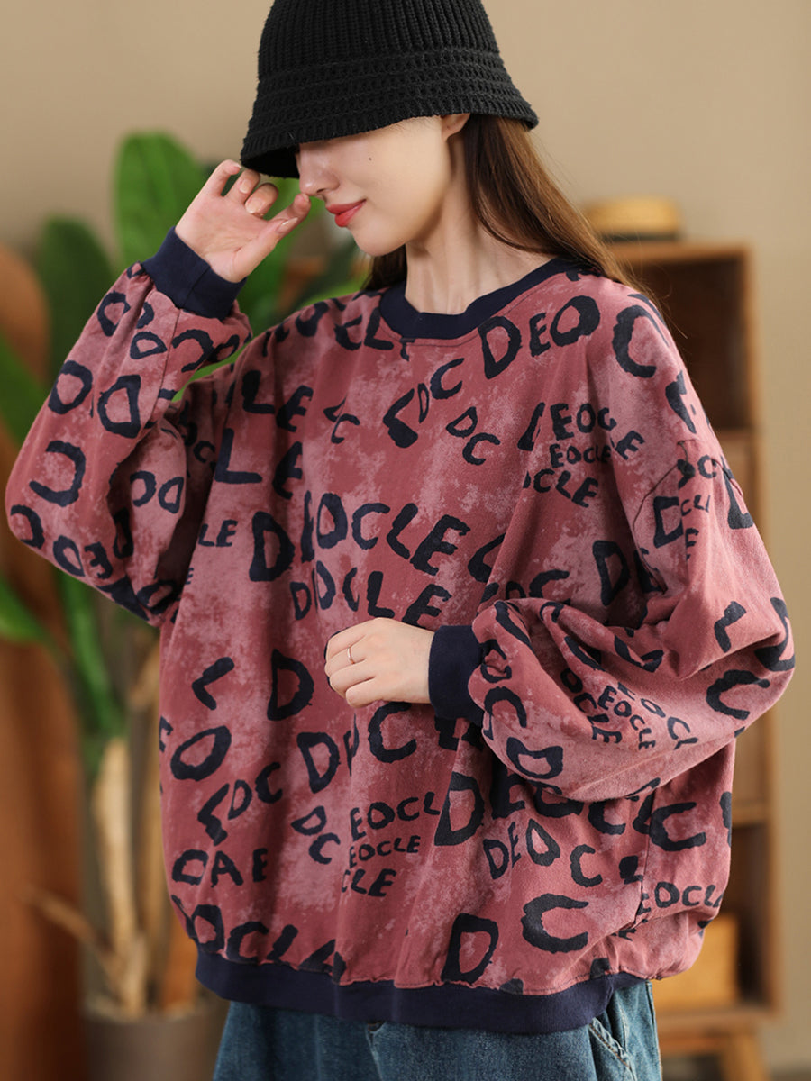 Women Winter Letter Print O-Neck Colorblock Sweatshirt