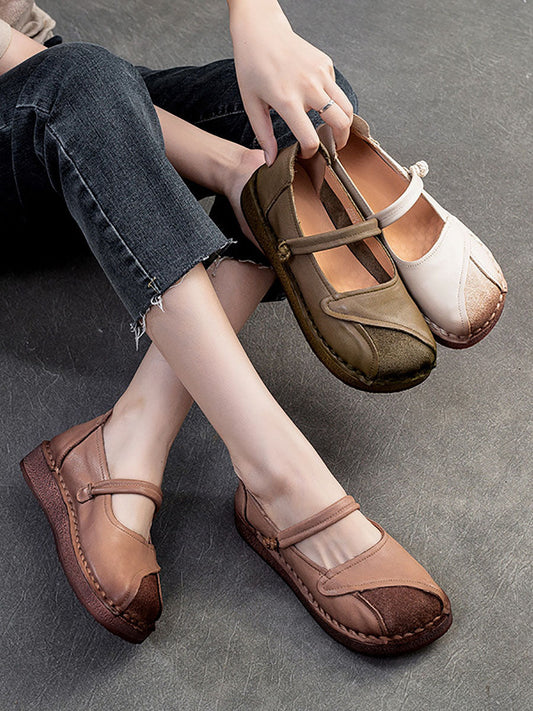 Women Vintage Summer Leather Spliced  Soft Flat Shoes