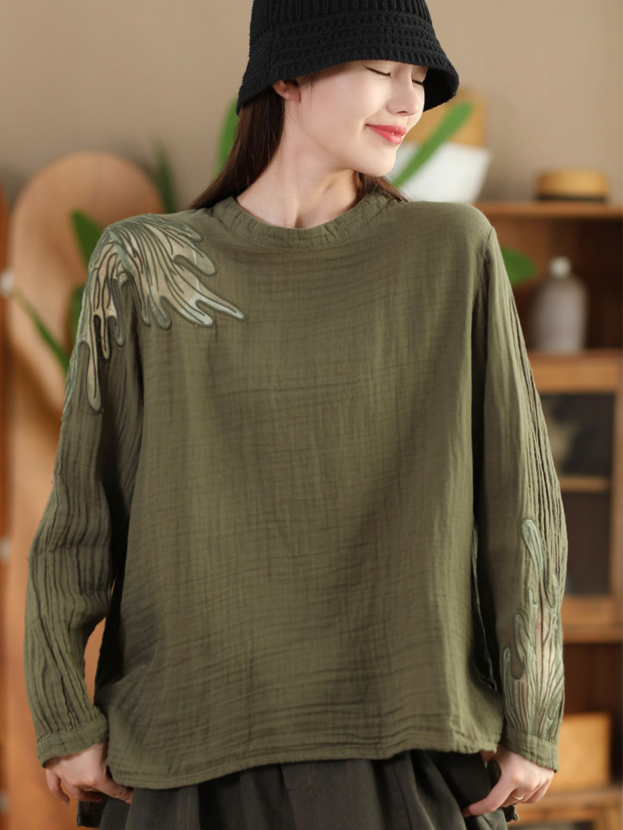 Women Autumn Artsy Embroidery Stand Collar Cotton Blouse