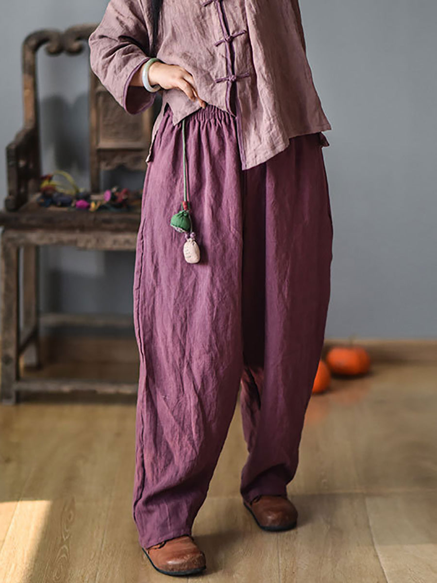 Women Vintage Spring Linen Solid Harem Pants