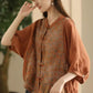 Women Summer Vintage Flower Spliced Button-up Ramie Shirt