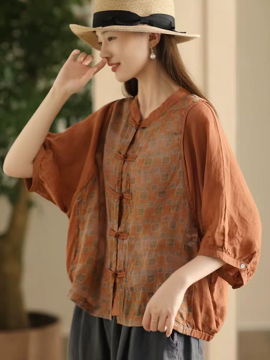 Women Summer Vintage Flower Spliced Button-up Ramie Shirt